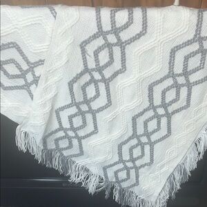 White and Gray Geometric Knit Throw Blanket with Fringe